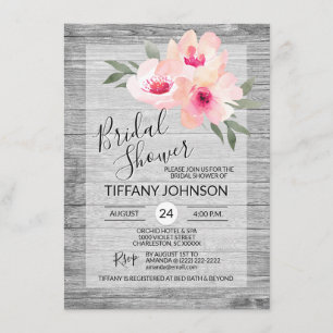 Watercolor Floral Pink Grey Rustic Bridal Shower Invitation