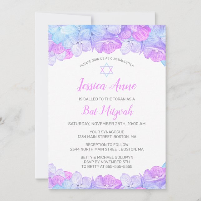 Watercolor Floral Pink Hydrangea Bat Mitzvah Invitation (Front)