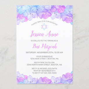 Watercolor Floral Pink Hydrangea Bat Mitzvah Invitation