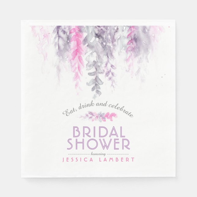 Watercolor floral pink indigo purple bridal shower napkin (Front)