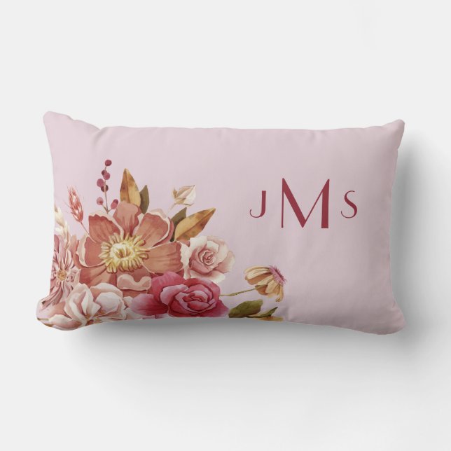 Watercolor Floral Pink Monogram Lumbar Cushion (Front)