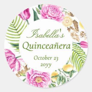 Watercolor Floral Pink Peonies Lemons Quinceañera  Classic Round Sticker