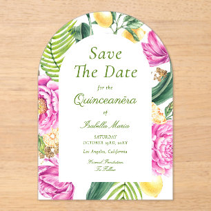 Watercolor Floral Pink Peonies Tulips Quinceañera Acrylic Invitations