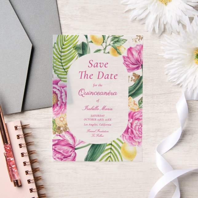 Watercolor Floral Pink Peonies Tulips Quinceañera Vellum Invitations (Wedding)