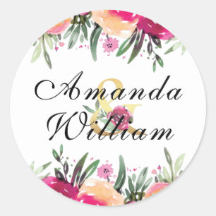 Watercolor Floral Pink  Personalised Wedding Classic Round Sticker