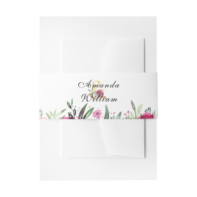 Watercolor Floral Pink Personalised Wedding Invitation Belly Band (Front Example)