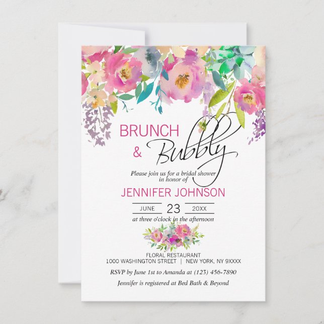 Watercolor Floral Pink Purple Bridal Brunch Invitation (Front)