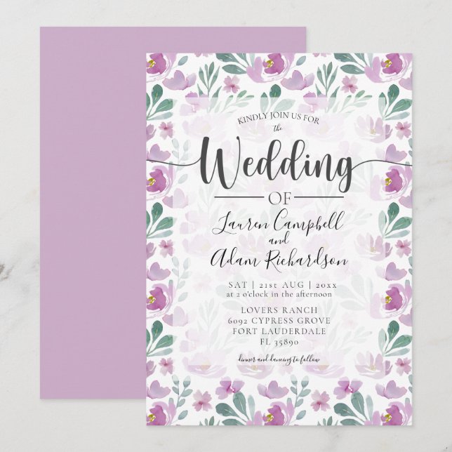 Watercolor floral Pink Purple Wedding Invitation (Front/Back)