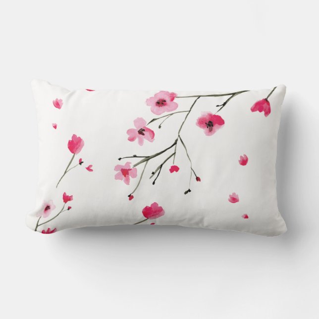 Watercolor Floral Pink Red Cherry Blossoms Lumbar Cushion (Front)