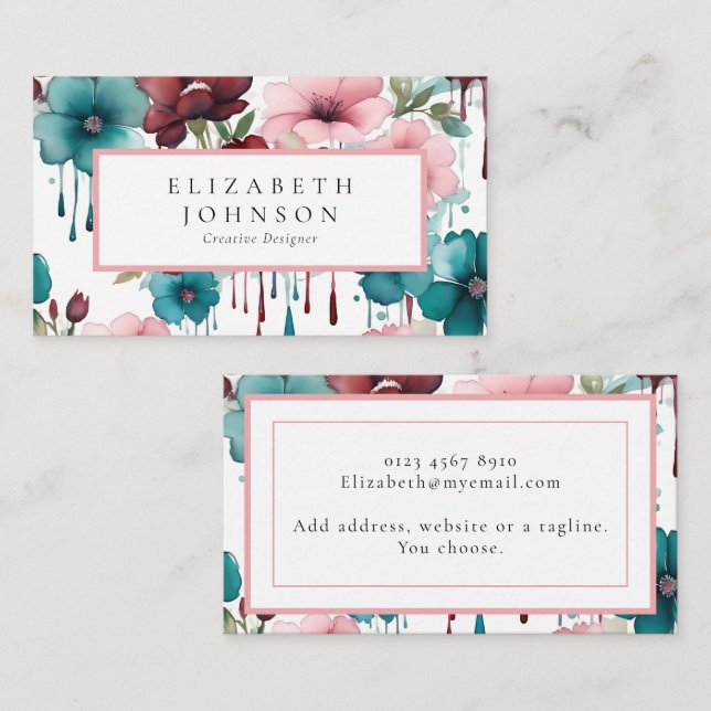 Watercolor Floral Pink, Red Teal Flowers Business Card (Front/Back)