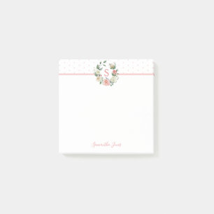 Watercolor Floral Pink Rose Flowers Monogram Post-it Notes