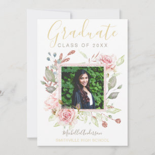 Watercolor Floral Pink Rose Gold Photo Graduation Announcement