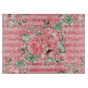Watercolor Floral Pink Roses & Glitter Stripes Cutting Board