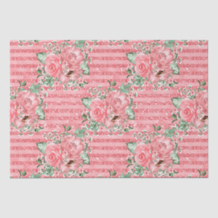 Watercolor Floral Pink Roses & Glitter Stripes Tissue Paper