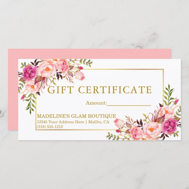 Watercolor Floral Pink Roses Gold Gift Certificate (Front/Back)