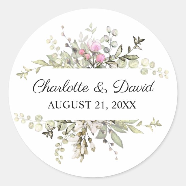 Watercolor Floral Pink Roses Wedding Classic Round Sticker (Front)