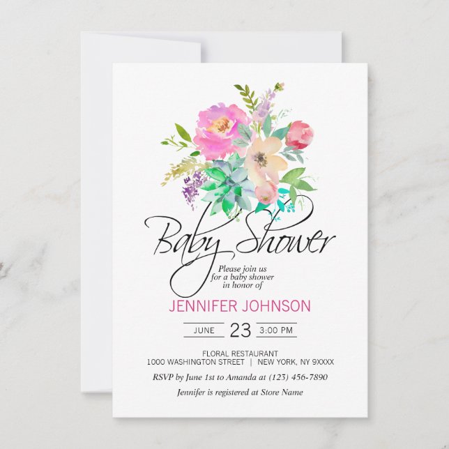 Watercolor Floral Pink Succulents Baby Shower Invitation (Front)