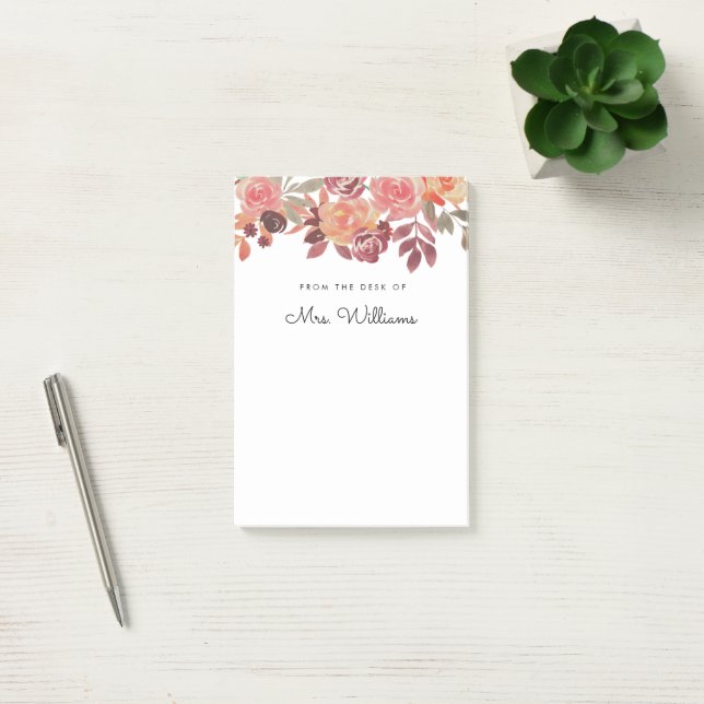 Watercolor Floral Pink Teacher Post-It Note (Office)