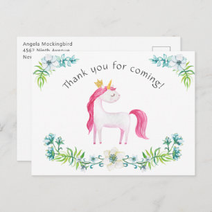 Watercolor Floral Pink Unicorn Thank You Postcard