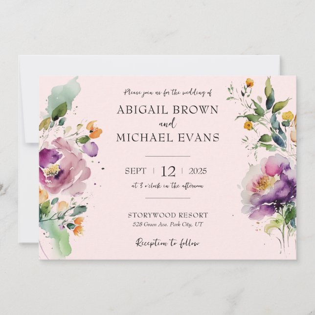 Watercolor Floral Pink Wedding Invitation (Front)