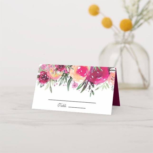 Watercolor Floral Pink Wedding Place Card (Front)