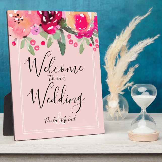 Watercolor Floral Pink Wedding Welcome Plaque (Side)