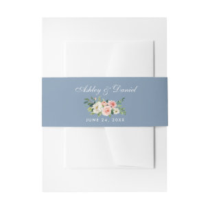 Watercolor Floral Pink White Dusty Blue Wedding Invitation Belly Band