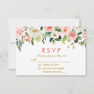 Watercolor Floral Pink White Gold RSVP Wedding P Card
