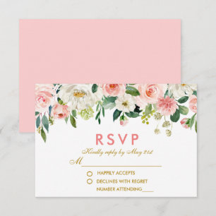 Watercolor Floral Pink White Gold RSVP Wedding Pk Card