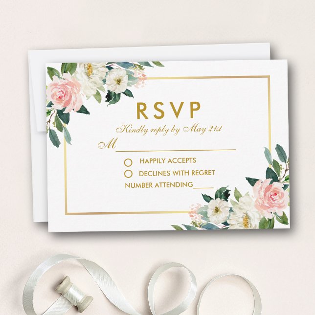 Watercolor Floral Pink White Gold Wedding RSVP Card (Customize to change size, style or text color.)