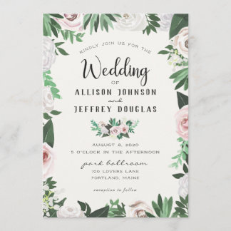 Watercolor Floral Pink White Green Wedding Card