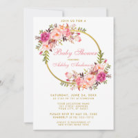 Watercolor Floral Pink Wreath Gold Baby Shower P