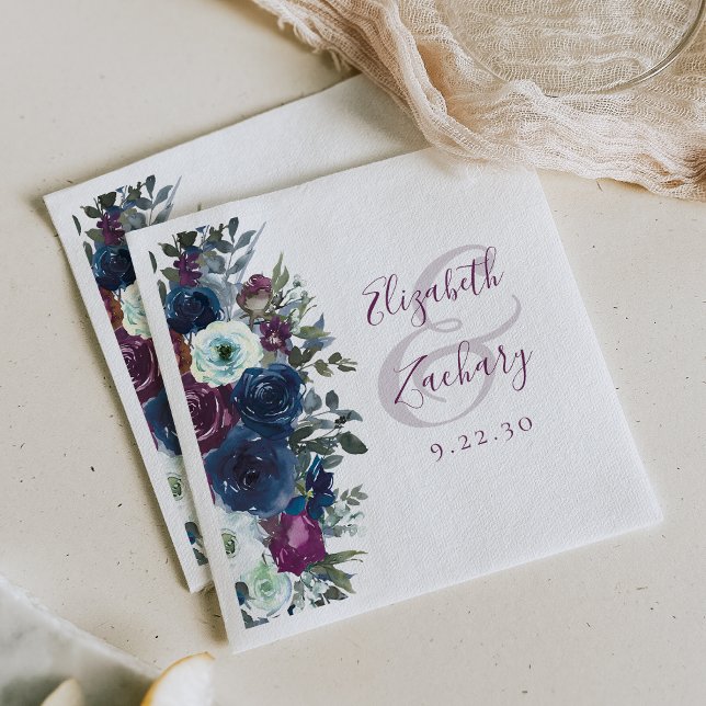 Watercolor Floral Plum Navy Blue Wedding Napkin (Creator Uploaded)