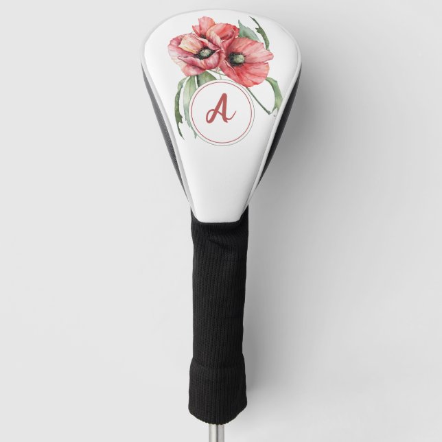 Watercolor Floral Poppy with Monogram Golf Head Cover (Front)