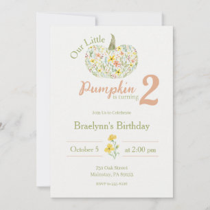 Watercolor Floral Pumpkin 2nd Birthday Invitation