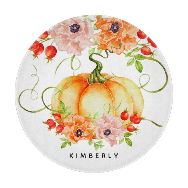 Watercolor Floral Pumpkin Cutting Board (Front)