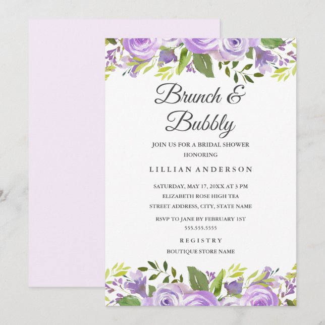 Watercolor Floral Purple Bridal Brunch And Bubbly Invitation (Front/Back)