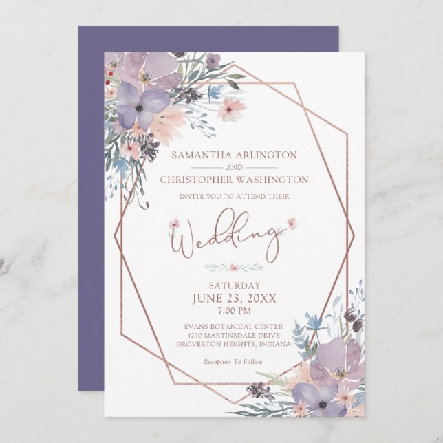Watercolor Floral Purple Geometric Wedding Invitation (Front/Back)