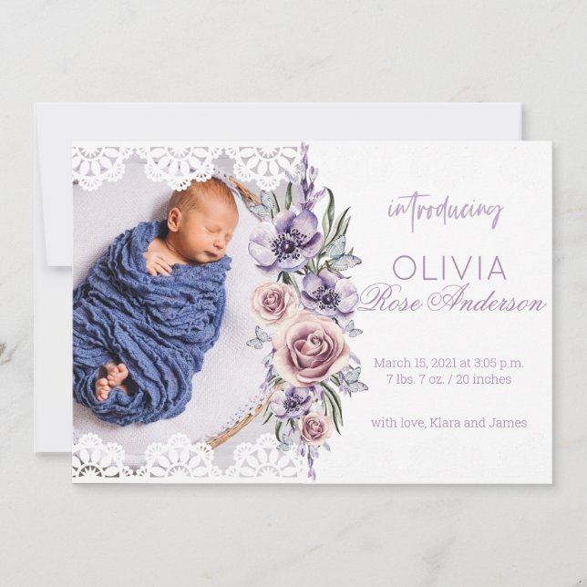 Watercolor Floral Purple Girl Birth Announcement (Front)
