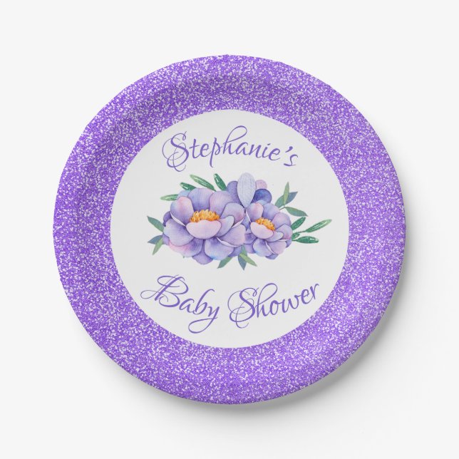 Watercolor Floral Purple Glitter Baby Shower Paper Plate (Front)