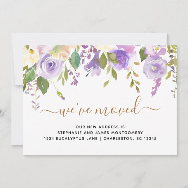 Watercolor Floral Purple Gold Moving Announcement (Front)