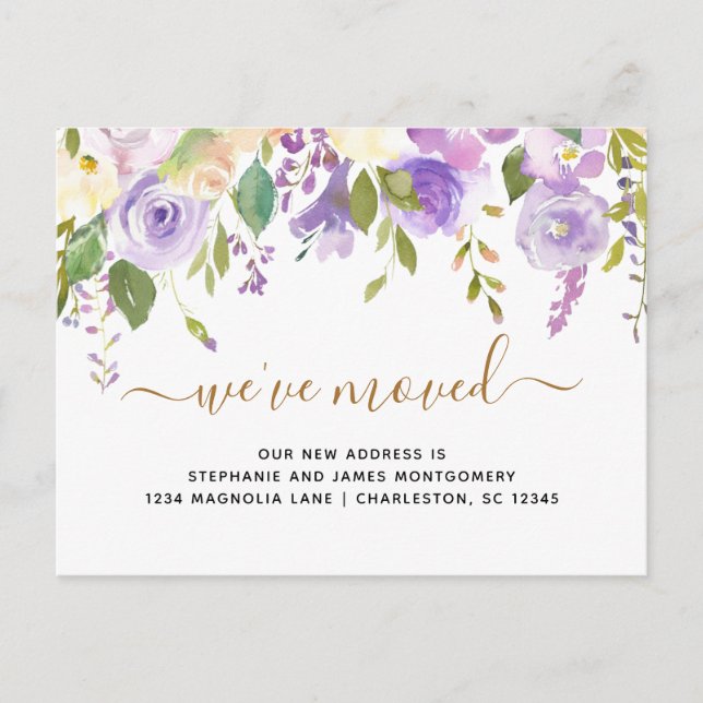 Watercolor Floral Purple Gold Moving Announcement Postcard (Front)