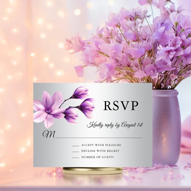 Watercolor Floral Purple Lavender Grey Wedding RSVP Card (Watercolor Magnolia Flower Purple Lavender Grey Wedding RSVP Card)