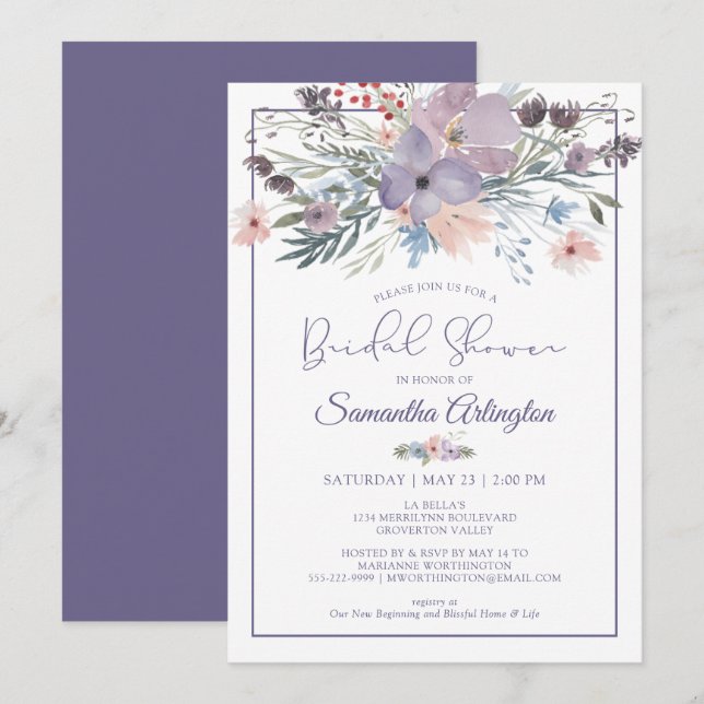 Watercolor Floral Purple Lilac Bridal Shower Invitation (Front/Back)
