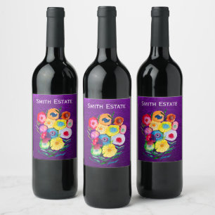 Watercolor floral purple lolly flowers wine label