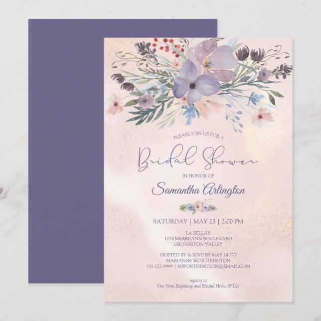 Watercolor Floral Purple Rose Gold Bridal Shower Invitation (Front/Back)