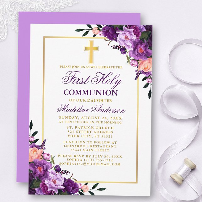 Watercolor Floral Purple Violet First Communion Invitation (Customize to change text color, style, add text & photos to back or change color of back of card.)