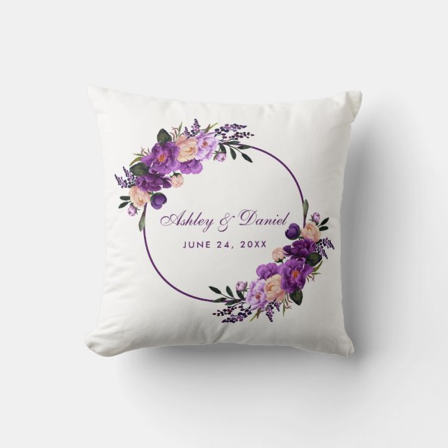 Watercolor Floral Purple Violet Wreath Wedding Cushion (Front)