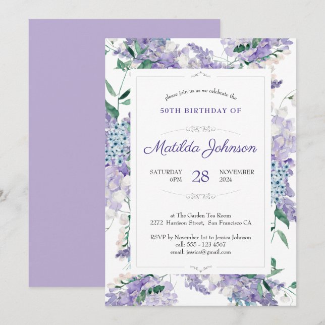 Watercolor Floral Purple Wisteria 50th Birthday Invitation (Front/Back)