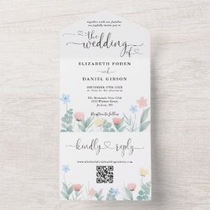 Watercolor Floral QR Code Hearts Script Wedding All In One Invitation
